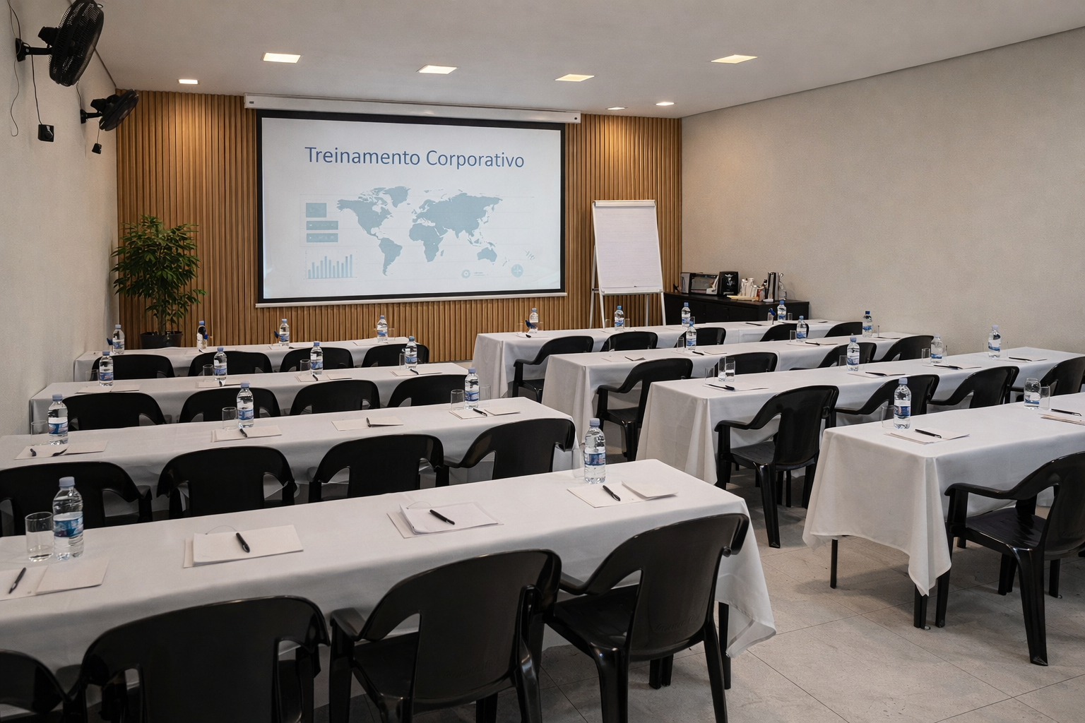 Salão montado em sala de aula com projetor