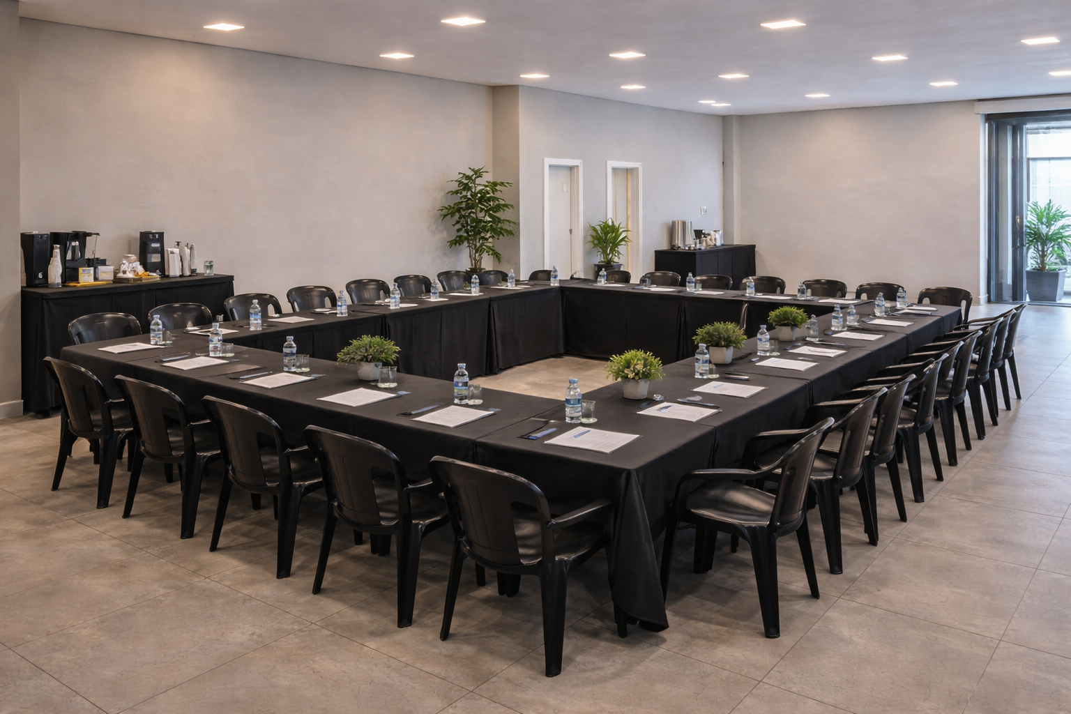 Salão montado em formato U para treinamento